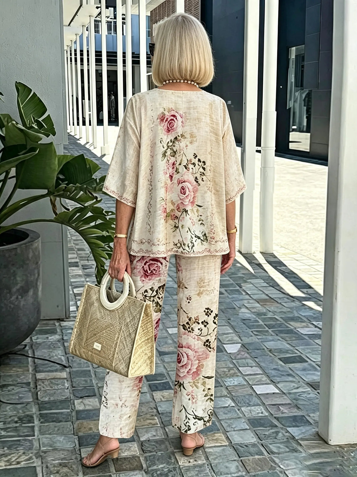 Women's 2 Piece Outfits Set, Crew Neck Flutter Sleeve Layered Blouse & Leaf Print Straight Leg Pants, Casual Loose Matching Two Piece Set for Summer Daily Wear