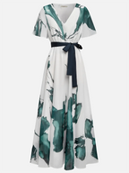 Blue Printing Chiffon V Neck Short Sleeve A-Line Maxi Dress With Belt