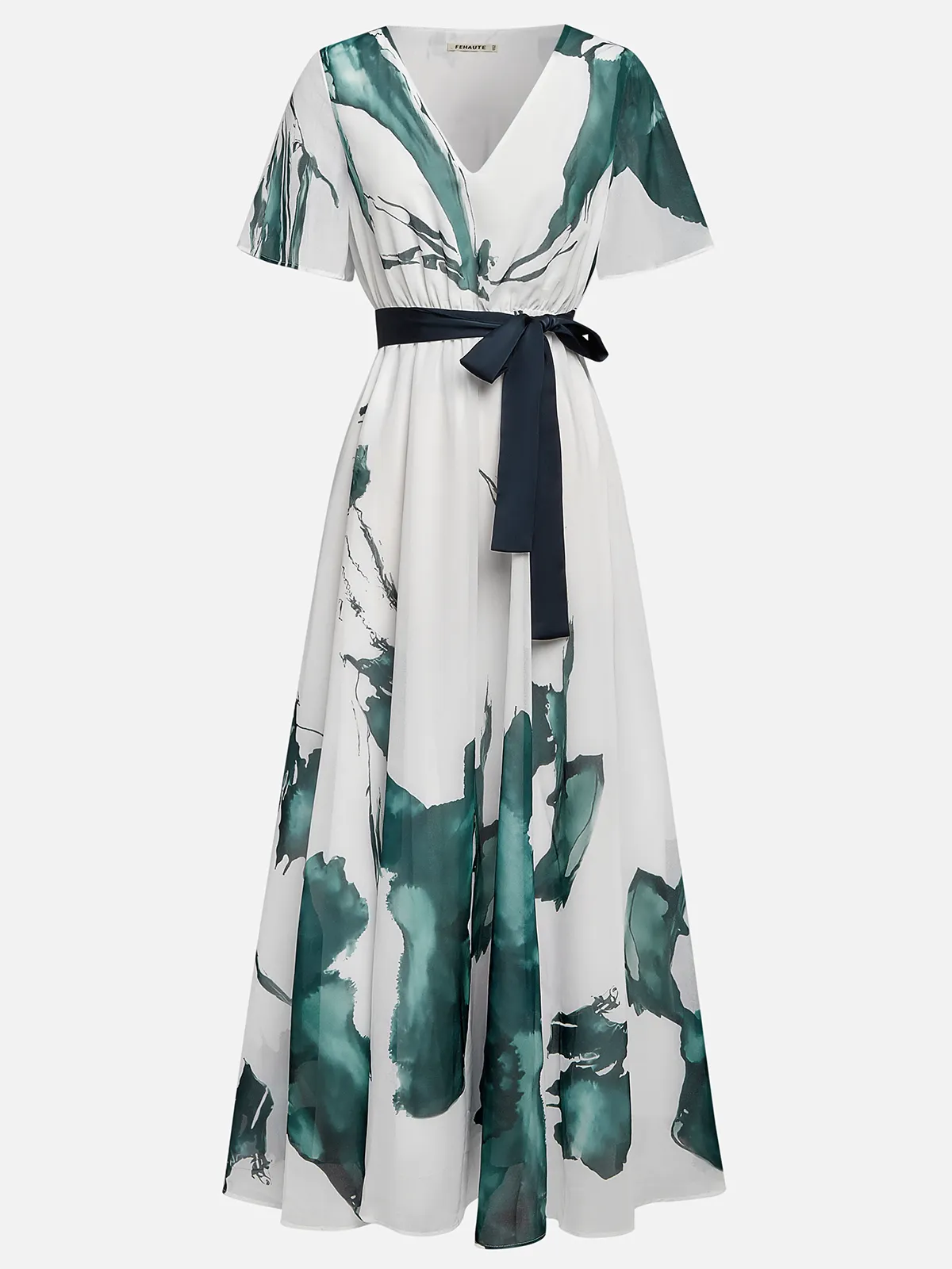 Blue Printing Chiffon V Neck Short Sleeve A-Line Maxi Dress With Belt