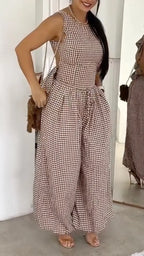 Brown Gingham Sleeveless Back Cutout Wide Leg Jumpsuit