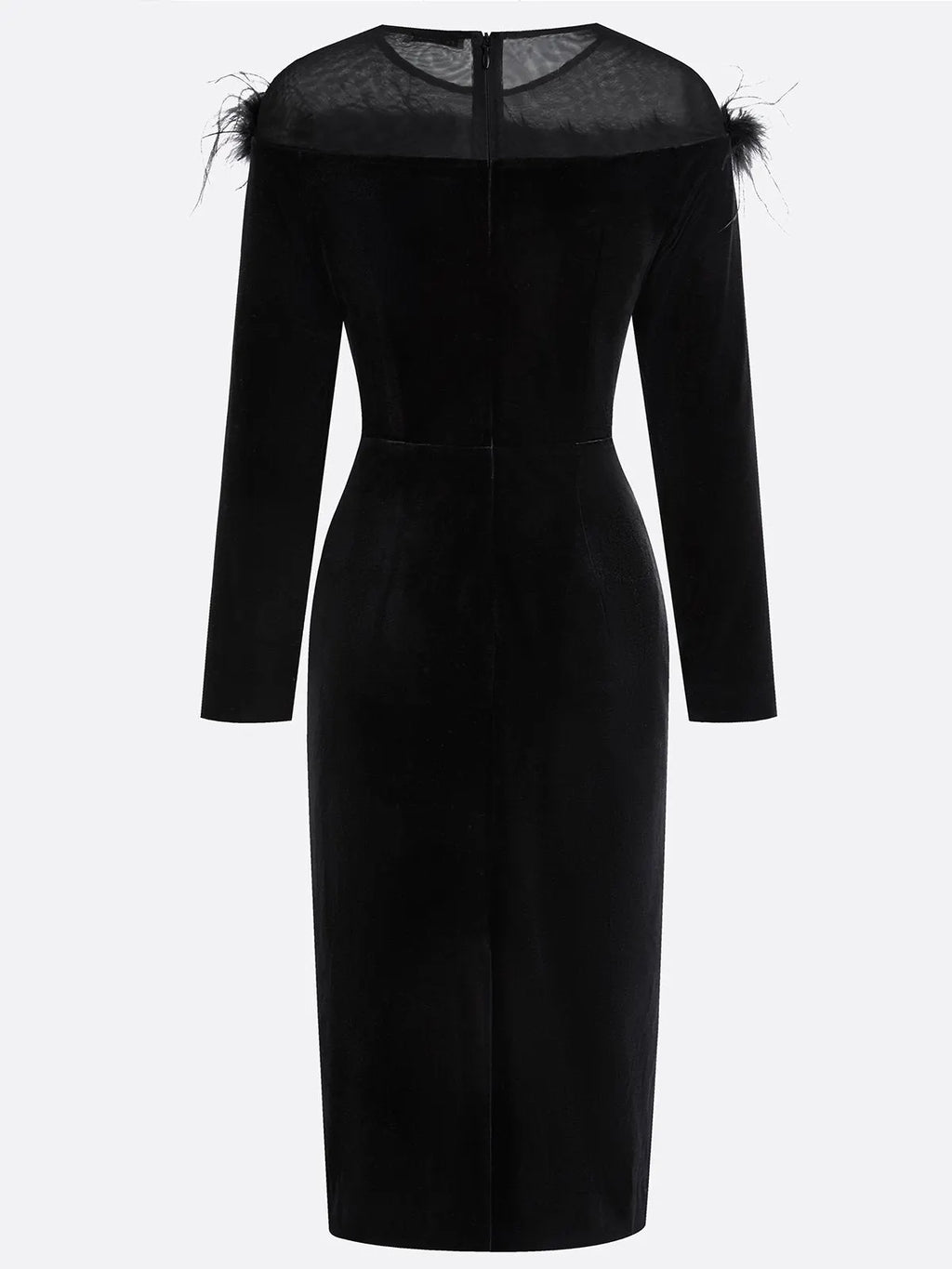 Black Feather-trimmed Mesh Velvet Crew Neck Long Sleeve Sheath Midi Dress