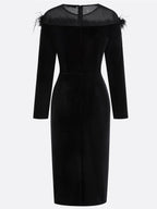 Black Feather-trimmed Mesh Velvet Crew Neck Long Sleeve Sheath Midi Dress