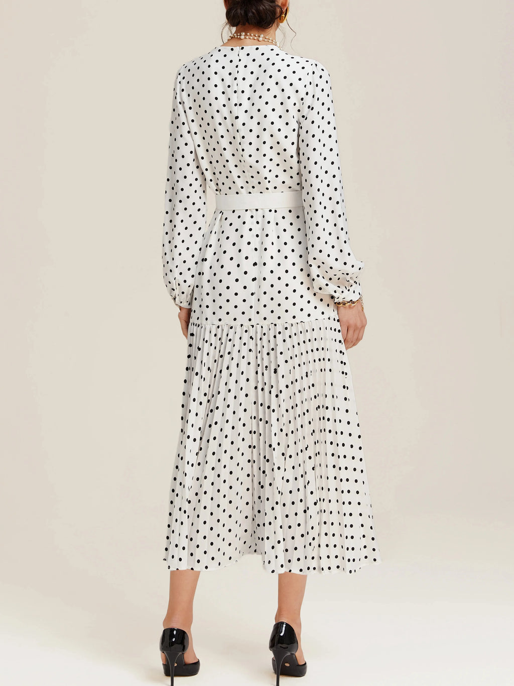 White Pleated Polka Dots Classic Crew Neck Long Balloon Sleeve A-Line Midi Dress