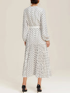 White Pleated Polka Dots Classic Crew Neck Long Balloon Sleeve A-Line Midi Dress