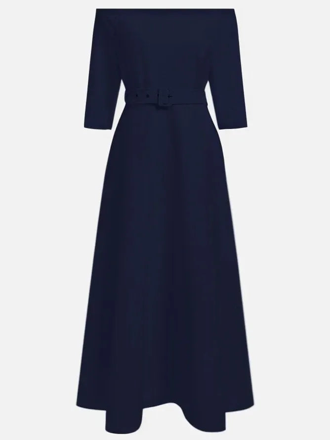 Purplish Blue Classic Off The Shoulder Half Sleeve A-Line Maxi Dress
