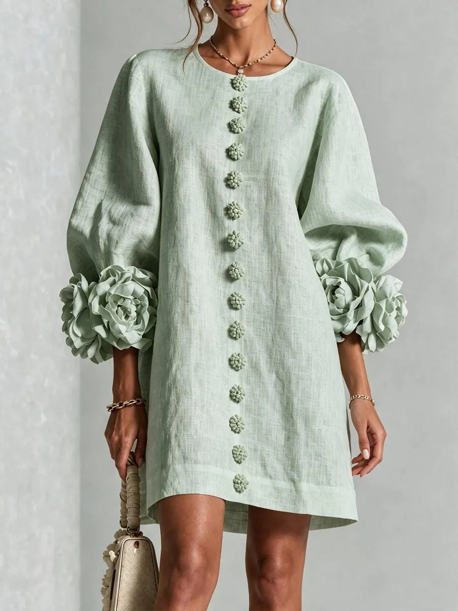 Women's 3D Floral Cuff Balloon Sleeve Mini Dress, Front Floral Button Cotton Linen Blend Shift Dress