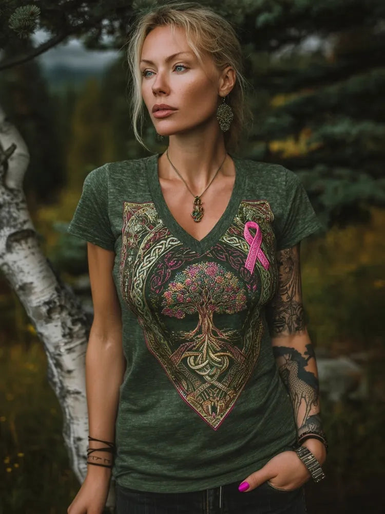 Celtic Tree Of Life & Pink Ribbon Embroidered Comfy T Shirt
