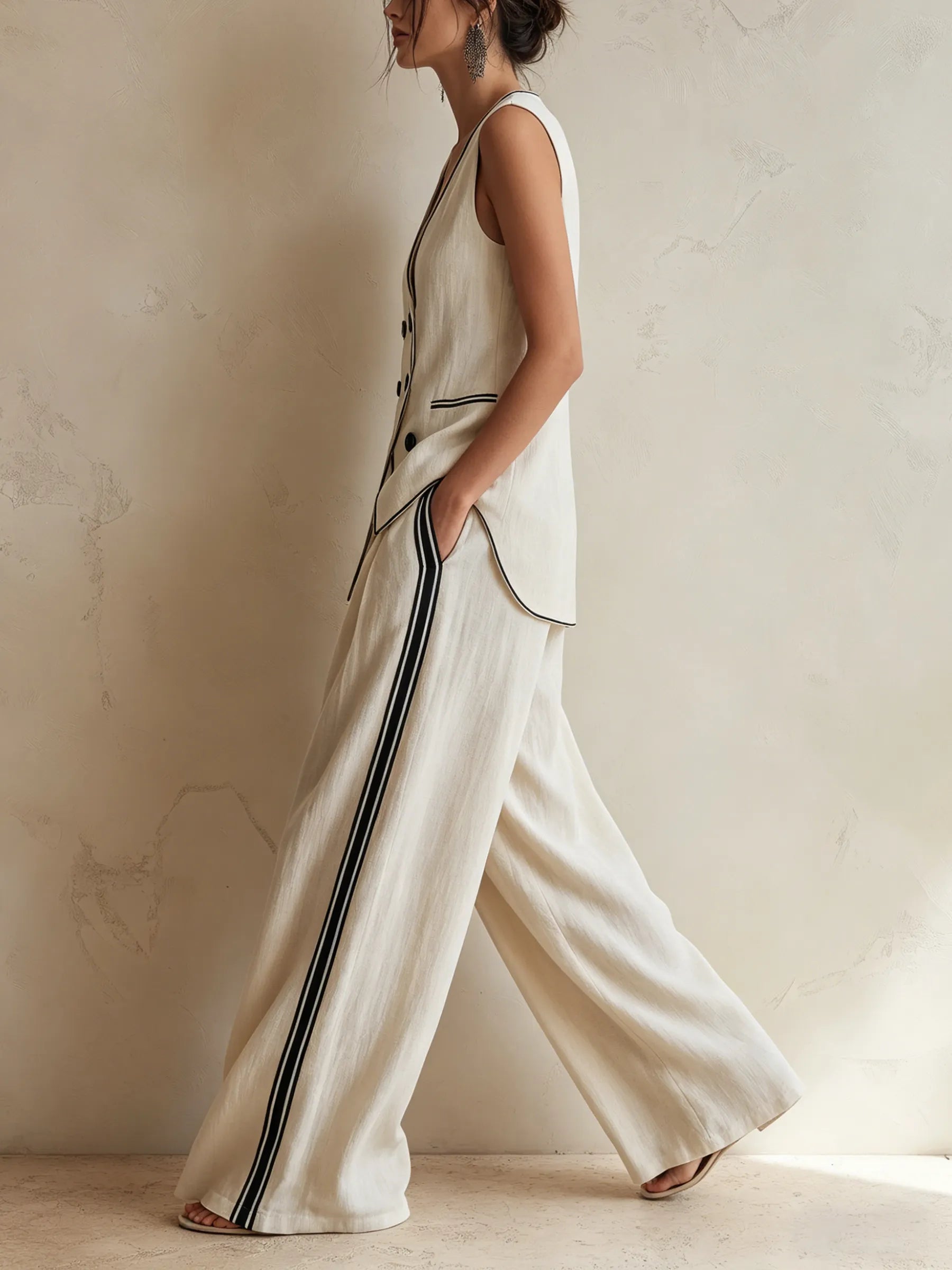 Cream Linen-Blend Double-Breasted Vest & Wide-Leg Trousers Co-ord Set