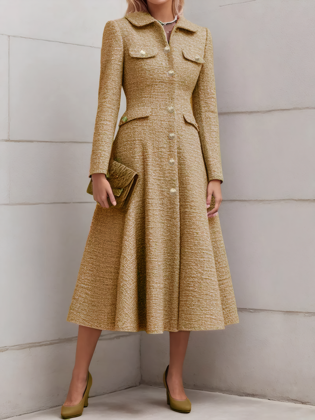 Pink Buckle Tweed Pointed Collar Long Sleeve A-Line Midi Dress