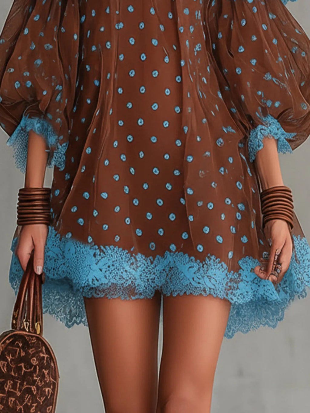 Brown And Blue Off-Shoulder Polka Dot Lace Mini Dress