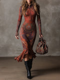 Bohemian Half-zip Ethnic Printed Knitted Fishtail Hem Midi Dress