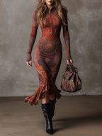 Bohemian Half-zip Ethnic Printed Knitted Fishtail Hem Midi Dress