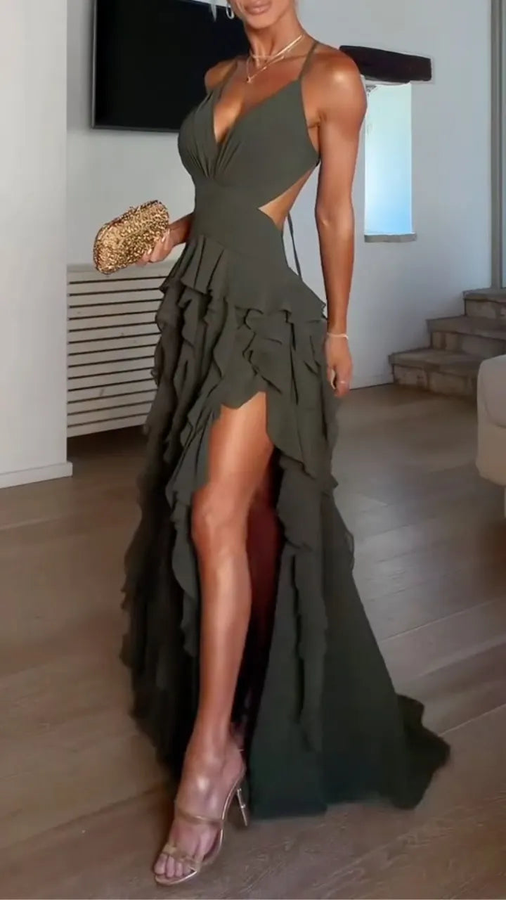 Olive Ruffle Backless Slit Maxi Dress
