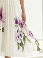 Elegant White Chiffon Floral Print A-Line Dress