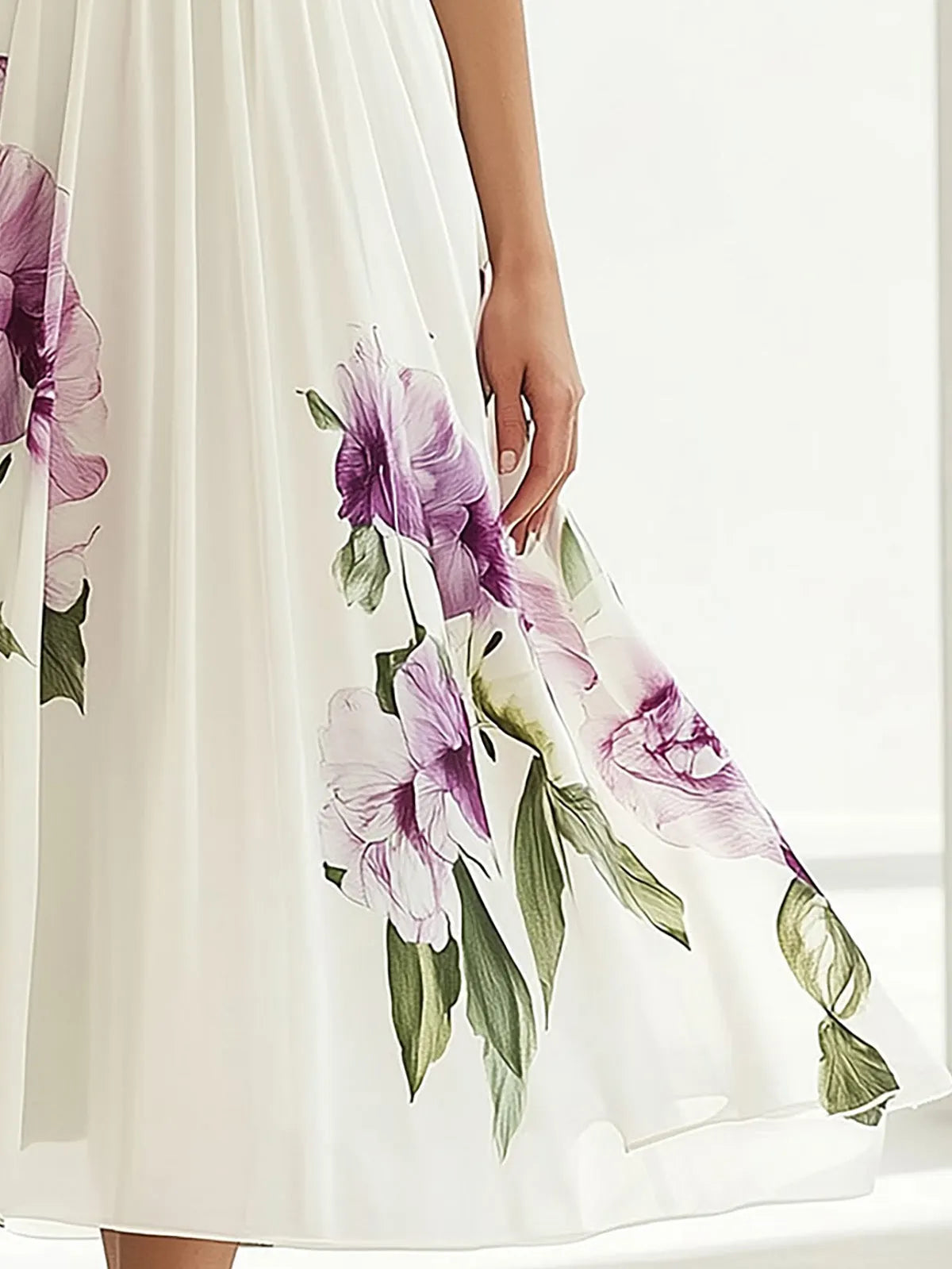 Elegant White Chiffon Floral Print A-Line Dress