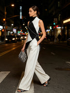 Asymmetric Geometric Color-Block Top & Wide-Leg Pants Set