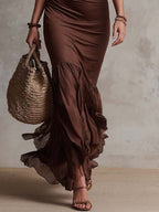 Vintage Satin Maxi Dress With Chiffon Ruffle Hem