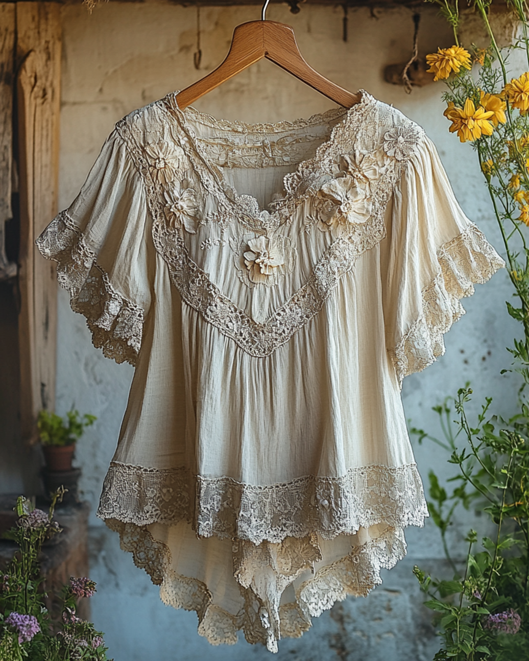 Summer Vacation Ruffle  Lace Patchwork Top   d44f
