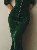 Classic Retro Puff Sleeve Deep Green Bodycon Dress