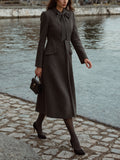 Wool Trench Coat, Long Sleeves, Plain, Pocket Design, Vintage, Deep Gray