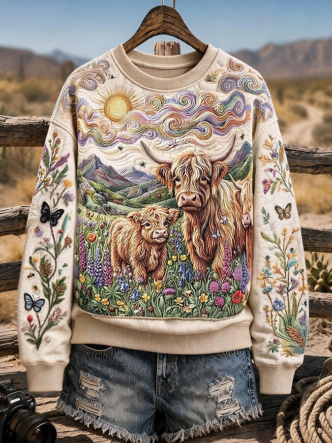 Women's Retro Country Highland Cow Art Print Sweatshirt