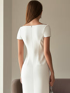 Chic Boatneck Dress with Asymmetrical Floral Print