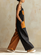 Two-Tone Patchwork Linen-Blend Overalls