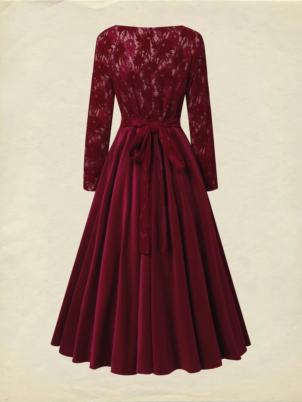 Midi Cotton Dress, Long Sleeves, Round Neck, Floral, Lace, Vintage, Red