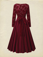 Midi Cotton Dress, Long Sleeves, Round Neck, Floral, Lace, Vintage, Red