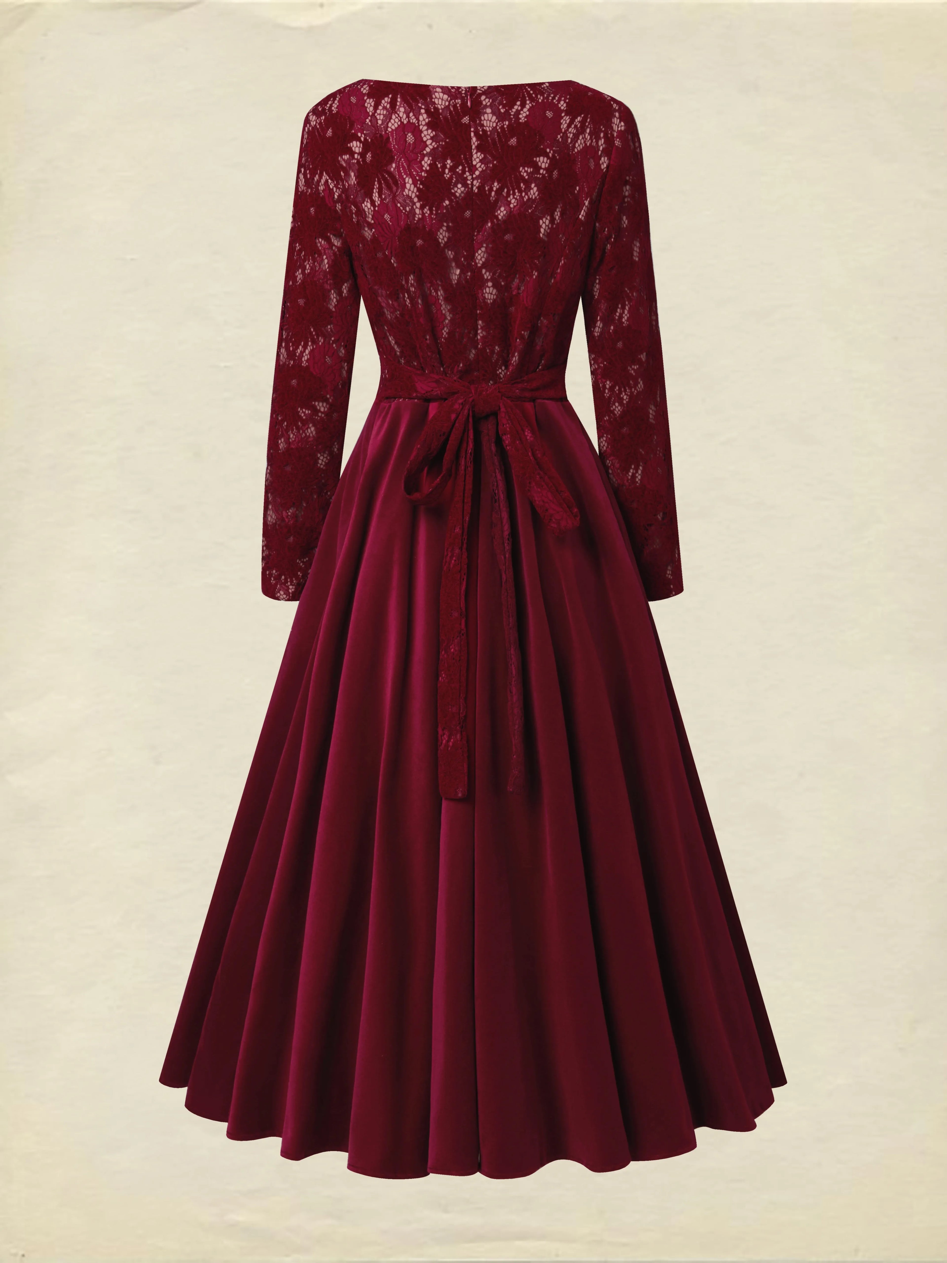 Midi Cotton Dress, Long Sleeves, Round Neck, Floral, Lace, Vintage, Red
