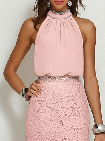 Pink Rhinestone Ruched Lace Halter Crew Neck Sleeveless Mermaid Floor-length Gown Dress