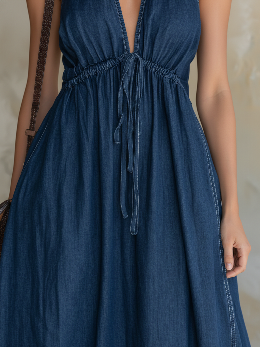 Dark Blue Tencel Denim Halter Neck Backless Maxi Dress