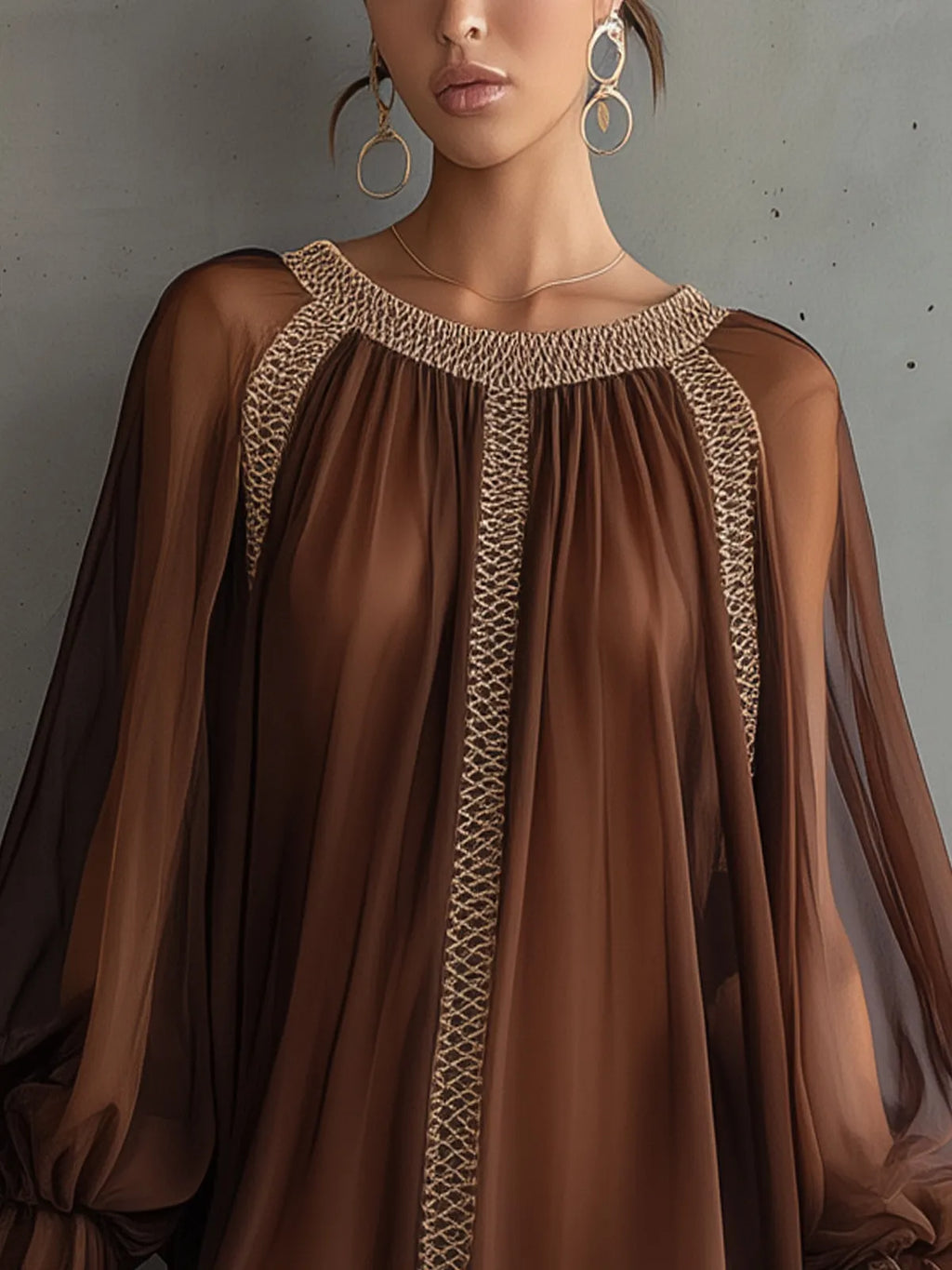 Brown Long-Sleeve Mini Dress With Woven Trim