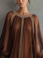 Brown Long-Sleeve Mini Dress With Woven Trim