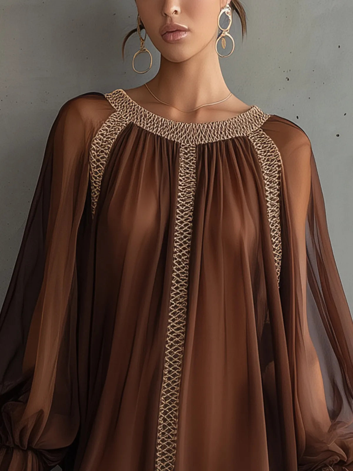 Brown Long-Sleeve Mini Dress With Woven Trim