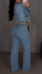 Rhinestone Cropped Denim Jacket & Flare Jeans Set