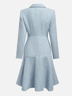 Light Blue Lapel Collar Pocket A-Line Midi Tweed Blazer Dress