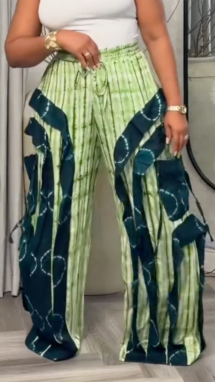 Tie‐Dye Patchwork Ruffled Wide Leg Palazzo Pants For Women
