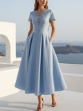 Maxi Linen Dress, Short Sleeves, V Neck, Plain, Lace, Vintage, Blue