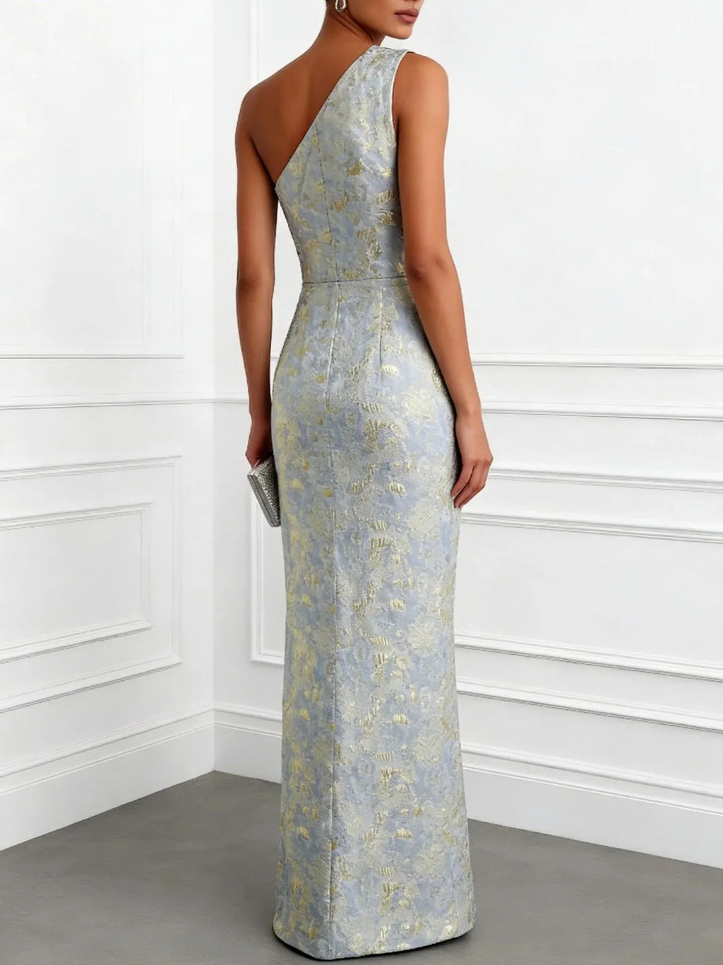 Light Blue Jacquard Classic One Shoulder Sleeveless Sheath Floor-length Gown Dress