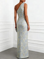 Light Blue Jacquard Classic One Shoulder Sleeveless Sheath Floor-length Gown Dress