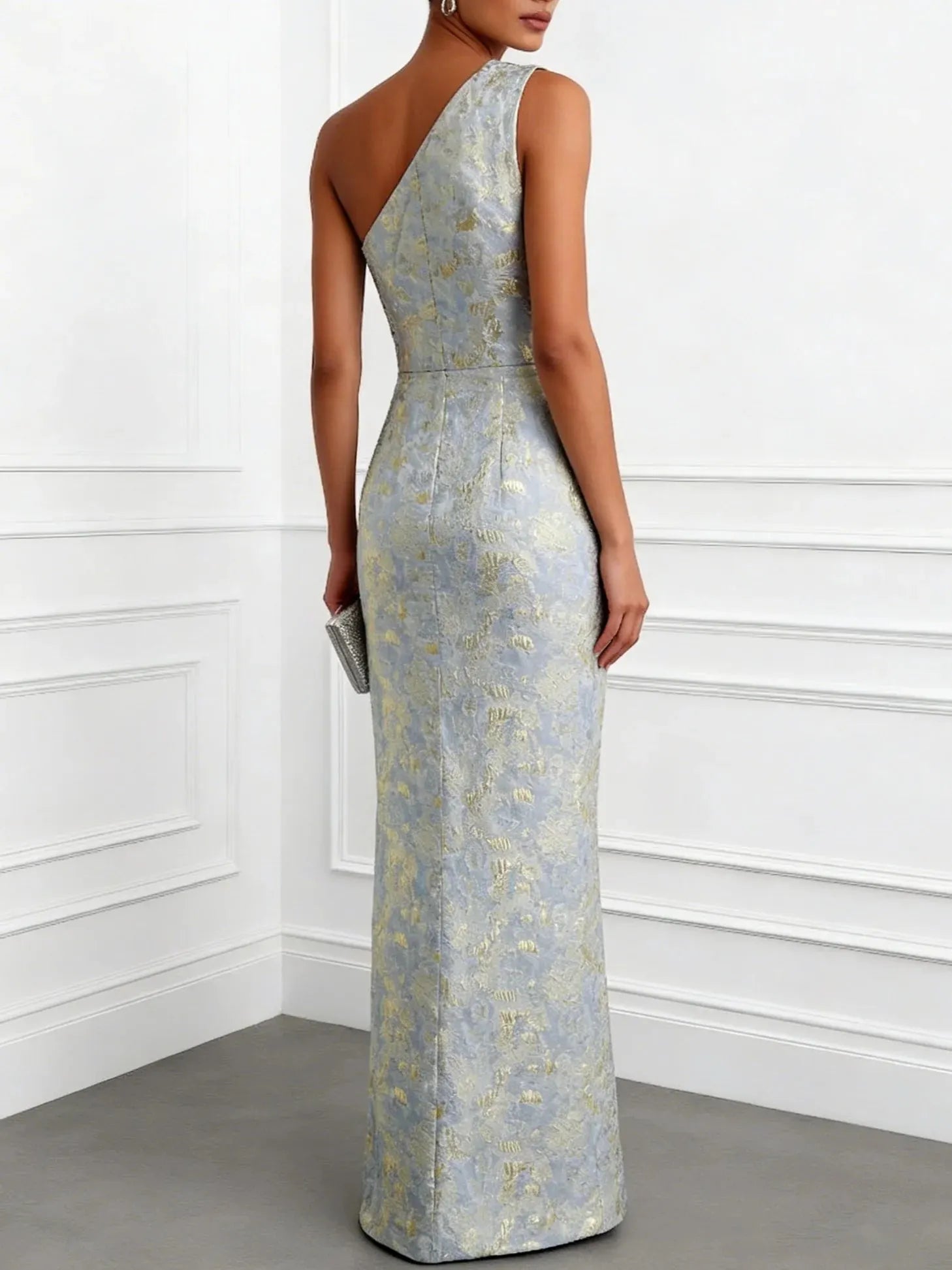 Light Blue Jacquard Classic One Shoulder Sleeveless Sheath Floor-length Gown Dress