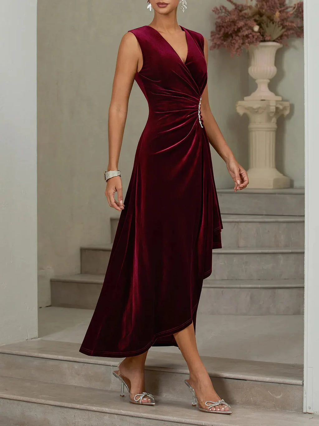 Wine Red Rhinestone Ruched Velvet V Neck Sleeveless A-Line Midi Dress