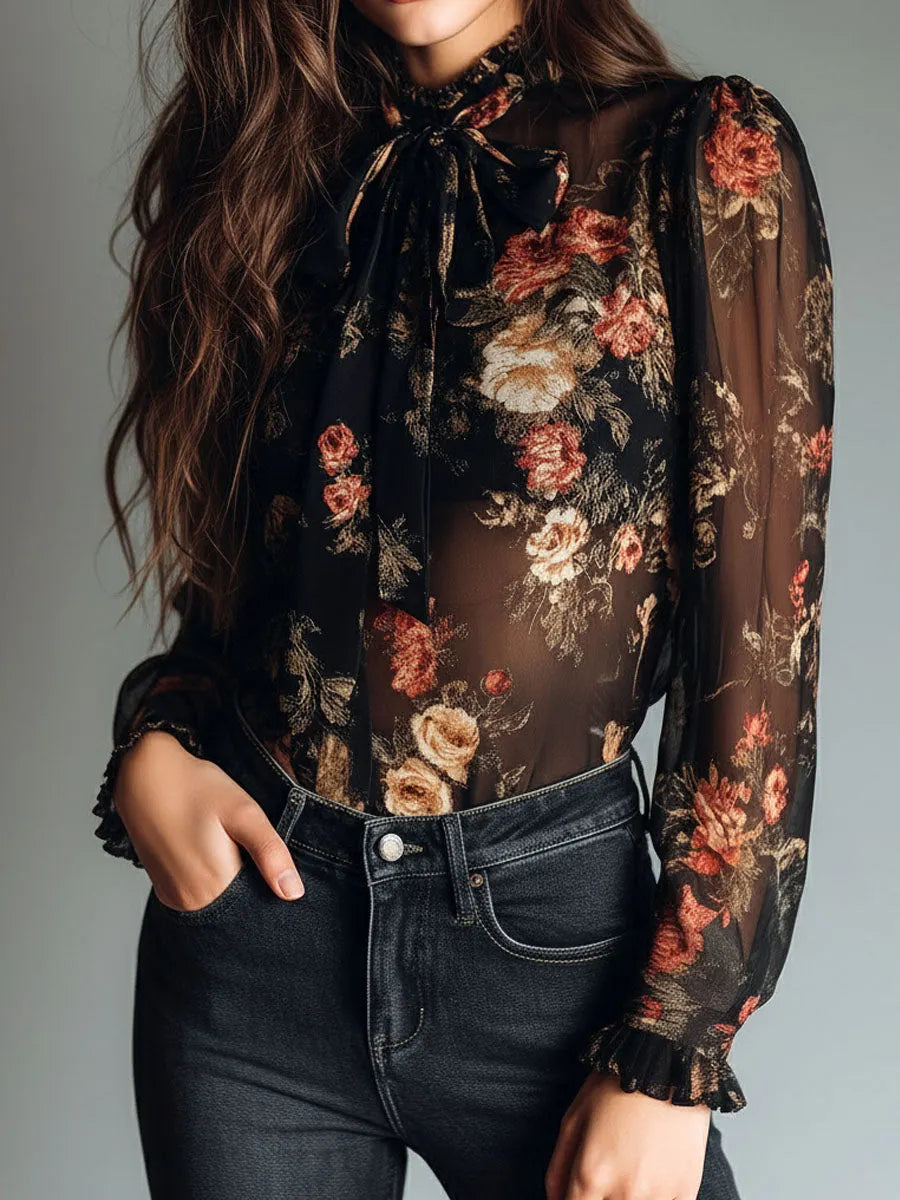 Vintage Black Sheer Chiffon Floral Tie Neck Blouse