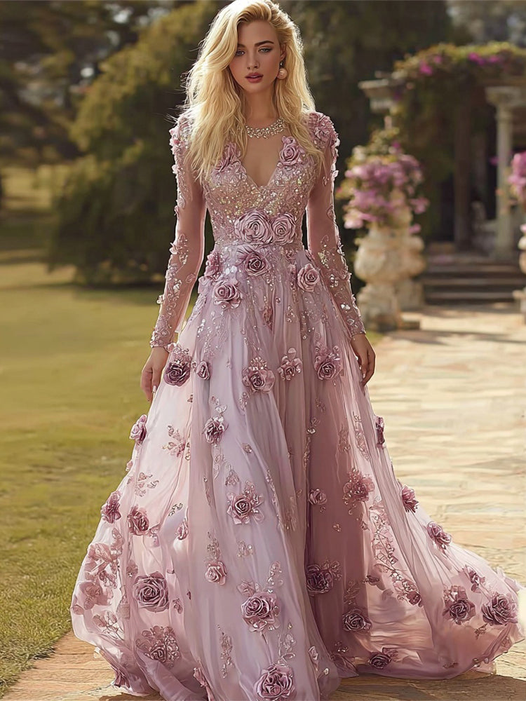 Boho Purple Roses Embroidered Long Sleeve Flowy Maxi Dress
