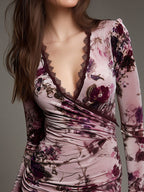 Elegant Blush Floral Velvet Ruched Mini Dress With Lace Trim