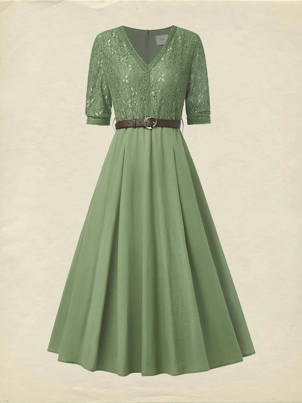 Midi Linen Dress , Half Sleeve, V Neck, Plain, Lace, Vintage, Army Green