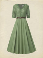 Midi Linen Dress , Half Sleeve, V Neck, Plain, Lace, Vintage, Army Green