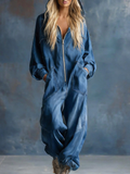 Casual loose-fitting hooded blue denim zip-up long-sleeved jumpsuit