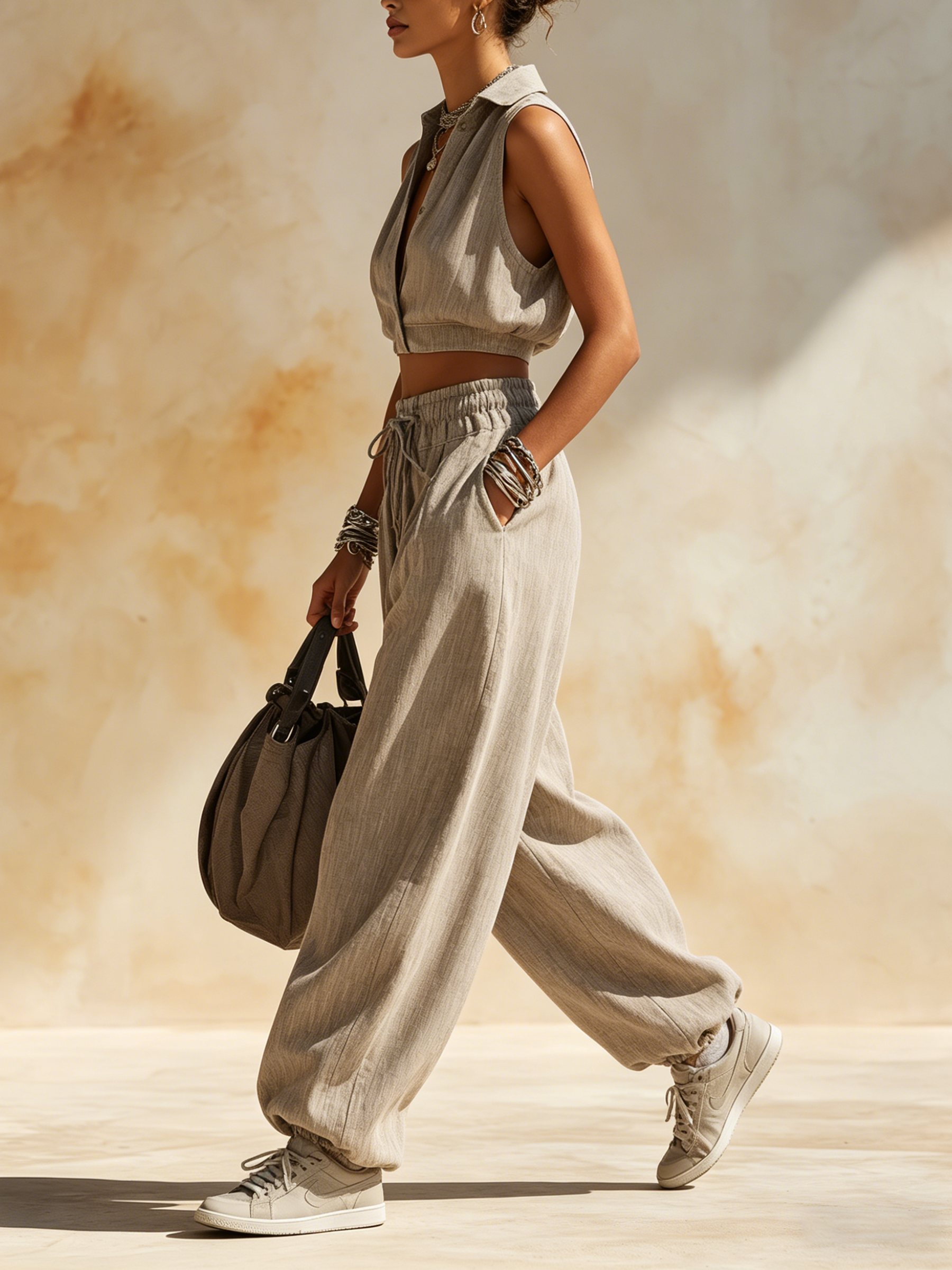 Linen-Blend Cropped Vest & Balloon Pants Two-Piece Set | Casual Chic Loungewear
